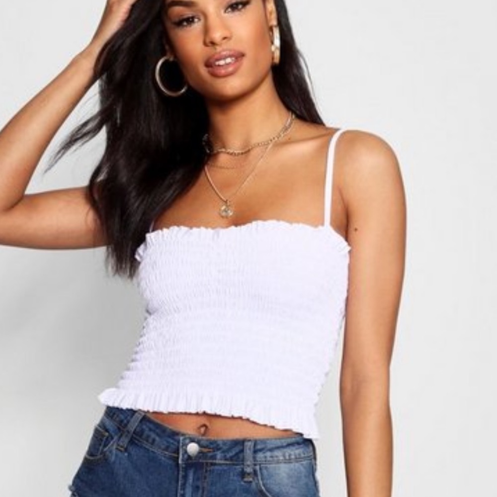 Boohoo ruched ruffled crop top